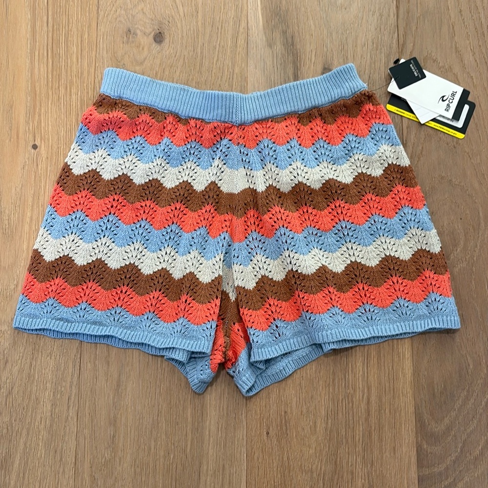 Rip Curl Striped Crochet Knit Shorts in Blue, Coral, Cream & Brown